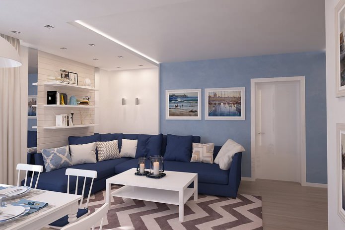 Ентеријер дневне собе у плавој боји: карактеристике, фотографије